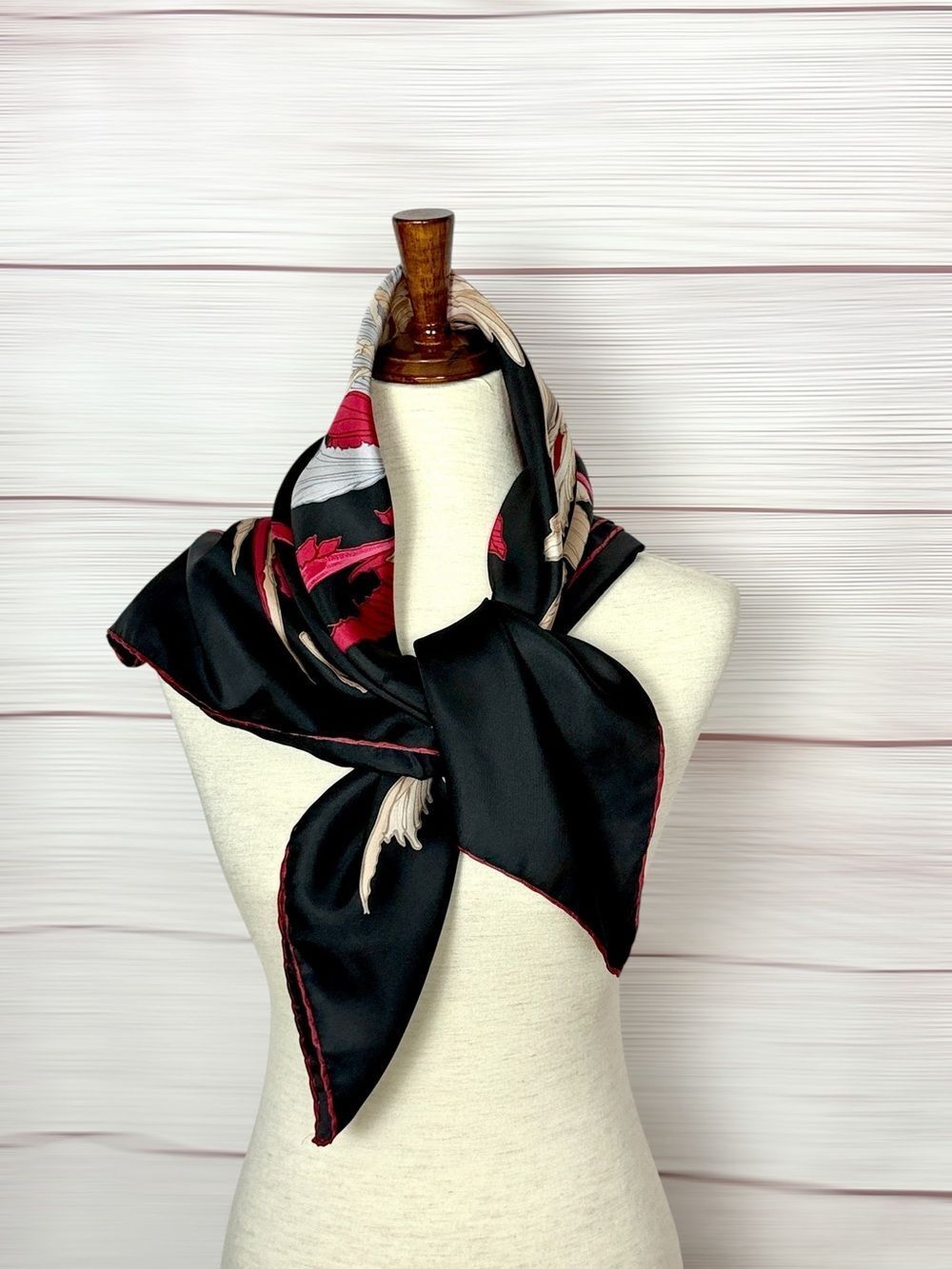 DA MAREN Silk Scarf Phoenix Fantasy Bird Black Pink Fuchsia Beige Hand Rolled - Picture 6 of 9